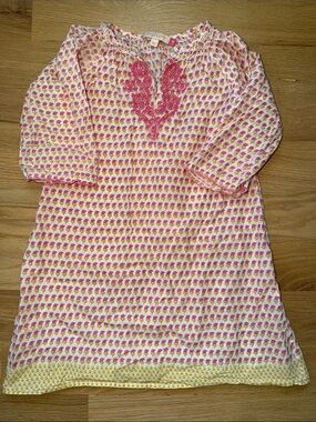 Pink Chicken Pink/Yellow Floral Block Print Cotton Embroidered Tunic Dress Sz 5y